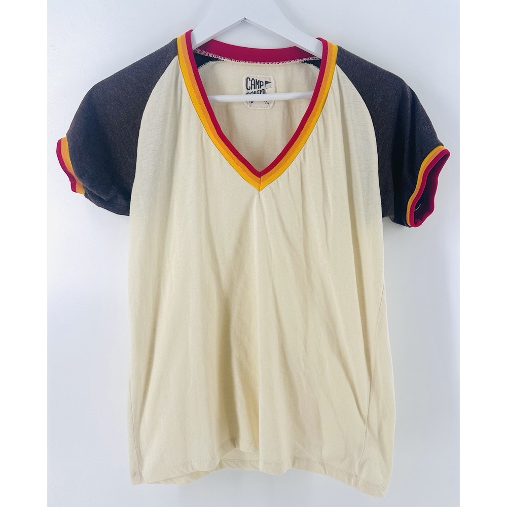 Camp Collection Sz L Striped Cream  Short Sleeve Festival Retro 70s CC17
